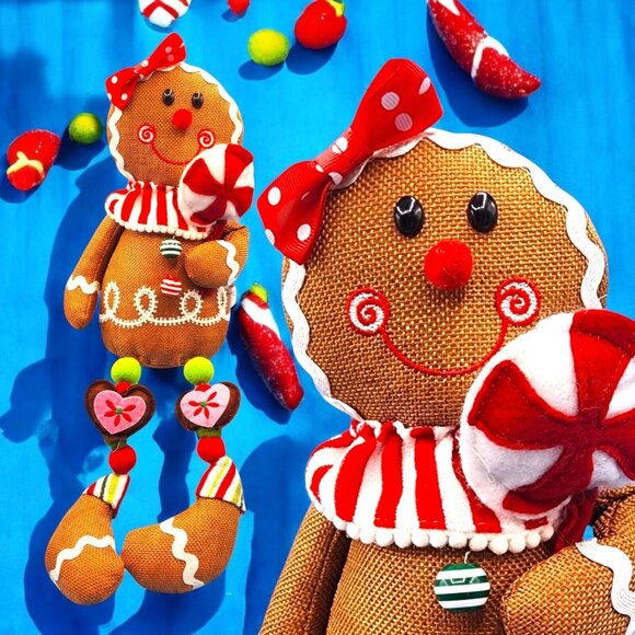 Gingerbread Girl Plush Shelf Sitter Doll Peppermint & Polka Dot Bow Holiday Deco - Picture 1 of 8